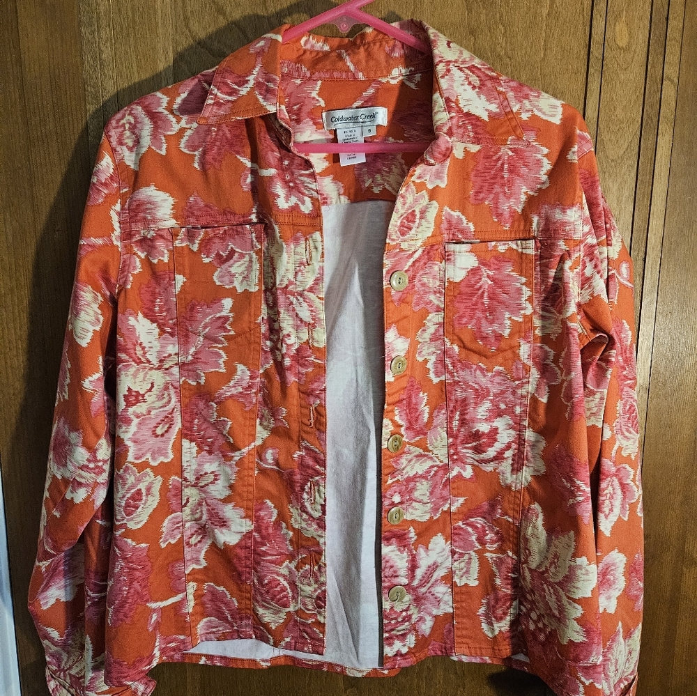 Coldwater Creek Pink Orange Floral Denim Button Down Jacket, Women's S